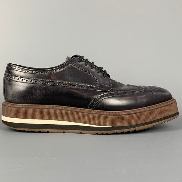PRADA Size 10.5 Black & Brown Perforated Leather Platform Lace Up Shoes - Picture 1 of 1